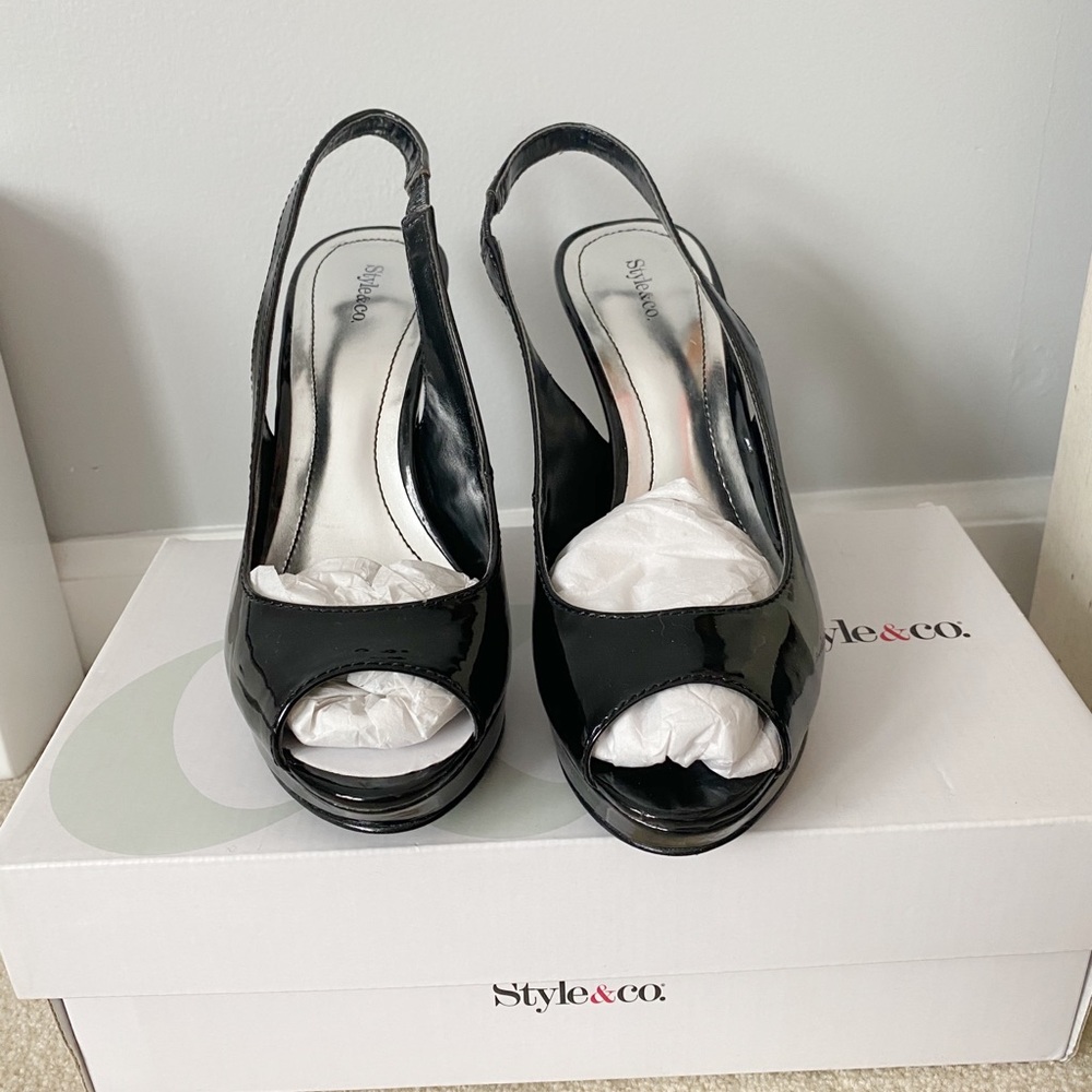 Style & Co black open toe heels